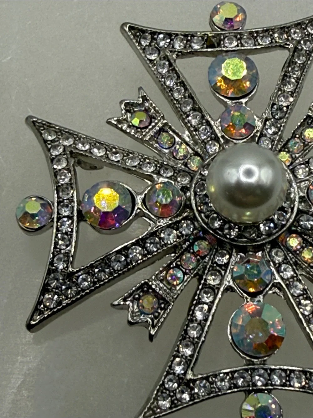 High end Vintage Aurora Borealis pave rhinestone  Cross Brooch faux Pearl Center